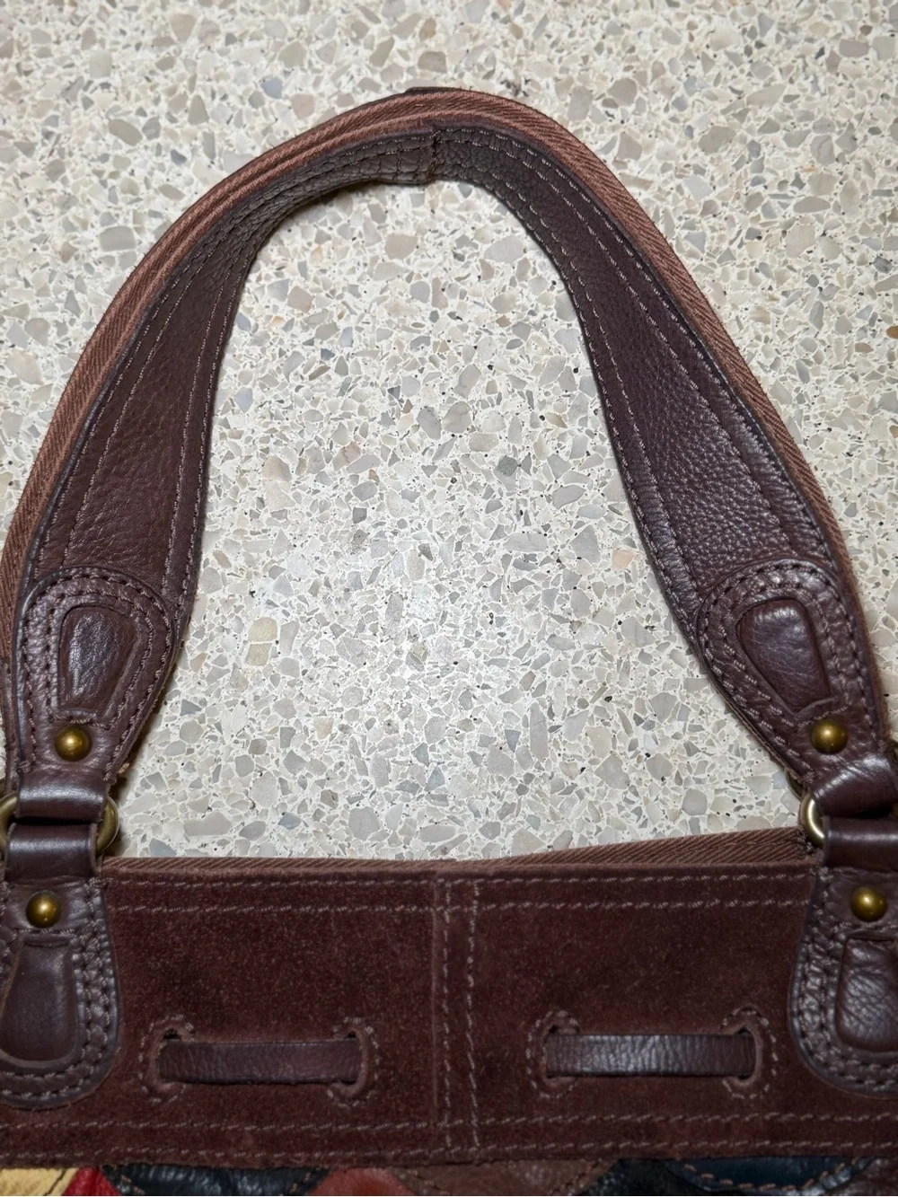 Vintage Lucky Brand Multicolor Scallop Patchwork Leather Tote - Brown Trim
